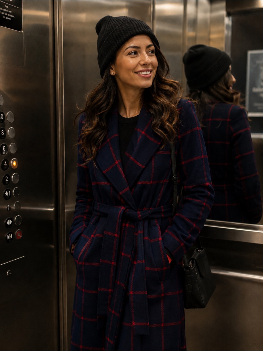 Rebecca Minkoff Navy Coat with Red Windowpane Plaid